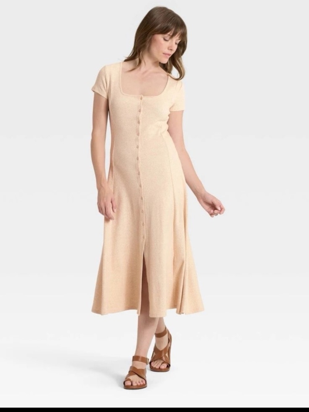 Universal Threads Beige Button-Front Midi A-Line Dress Size Medium